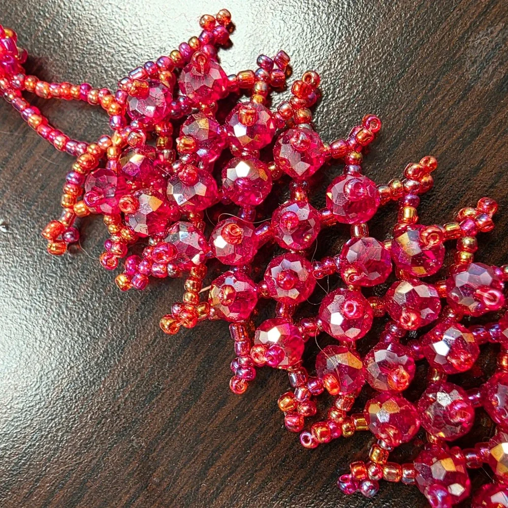 Handmade Magenta Red Beaded Cuff Bracelet Faceted Glass Seed Bead Statement 7.5